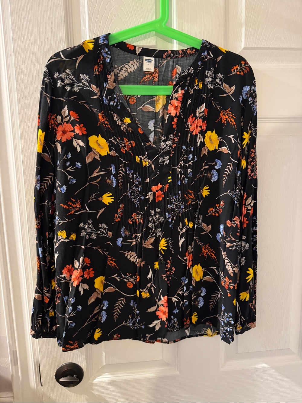 Floral V-Neck Long Sleeve Blouse - Black with Yellow & Coral Flowers